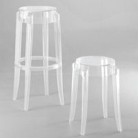 Clear acrylic stools with a sleek, modern design, featuring transparent surfaces and smooth, rounded edges.