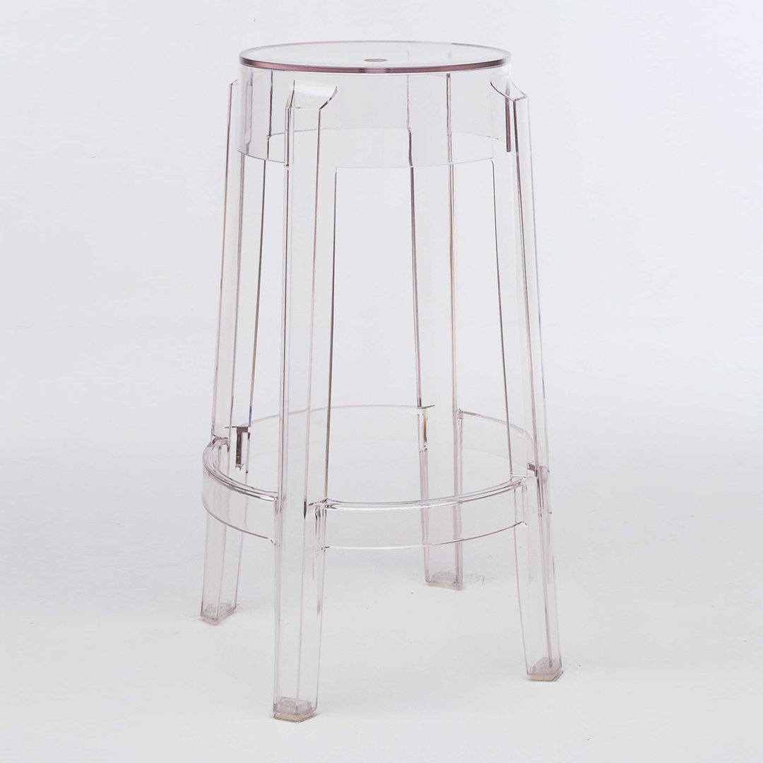 Clear acrylic stool with a sleek, modern design and subtle transparency, perfect for any contemporary space.