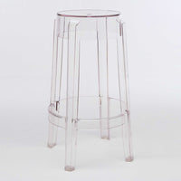 Clear acrylic stool with a sleek, modern design and subtle transparency, perfect for any contemporary space.