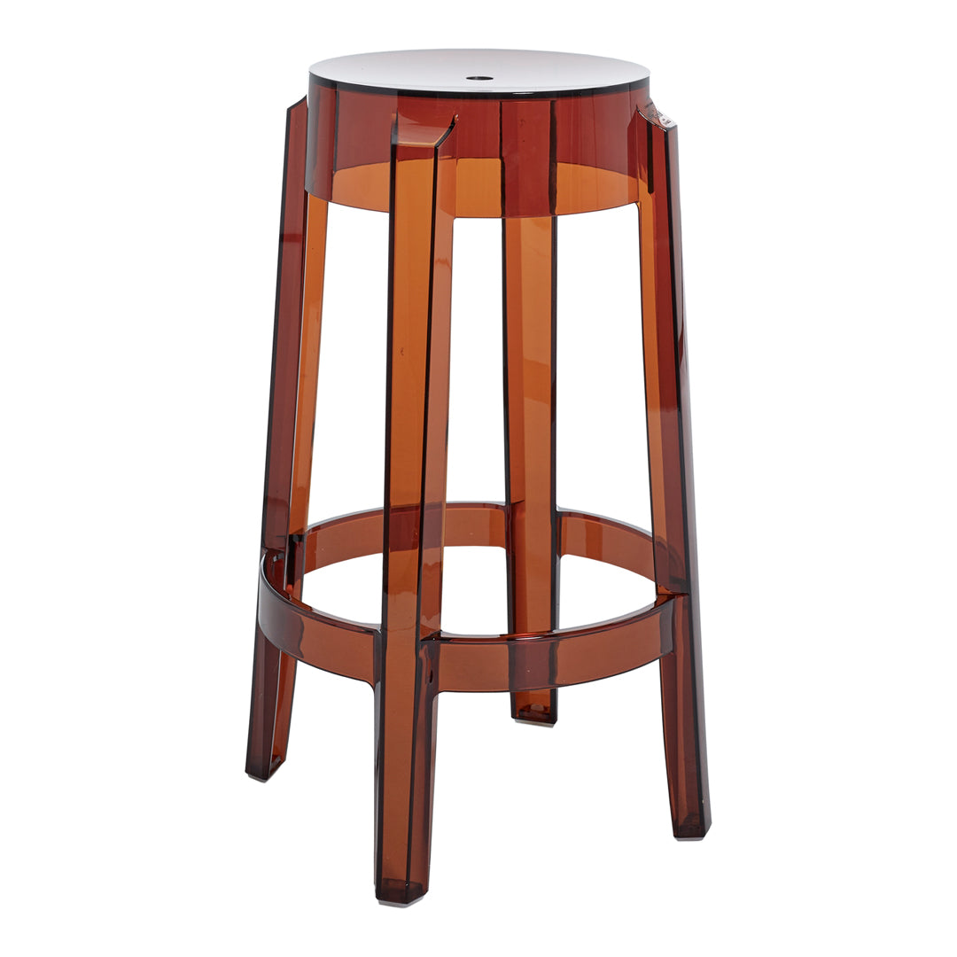 Amber transparent bar stool with a sleek, modern design and vertical slats. Perfect for contemporary decor.