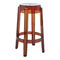 Amber transparent bar stool with a sleek, modern design and vertical slats. Perfect for contemporary decor.