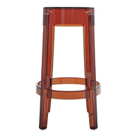 Translucent amber bar stool with a sleek, modern design and clean lines. Perfect for any contemporary space.