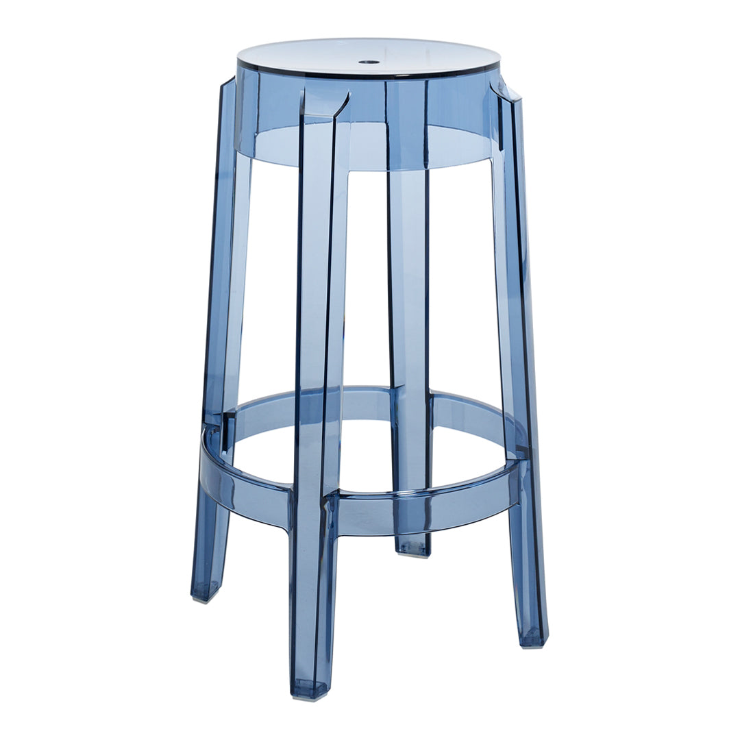 Clear blue acrylic stool with a modern geometric design and sleek, transparent construction. Perfect for stylish interiors.