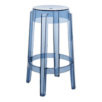Clear blue acrylic stool with a modern geometric design and sleek, transparent construction. Perfect for stylish interiors.