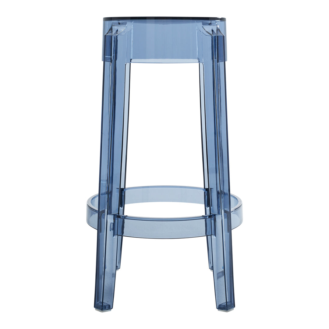 Clear blue acrylic stool with a minimalist design and sleek finish, perfect for modern interiors.