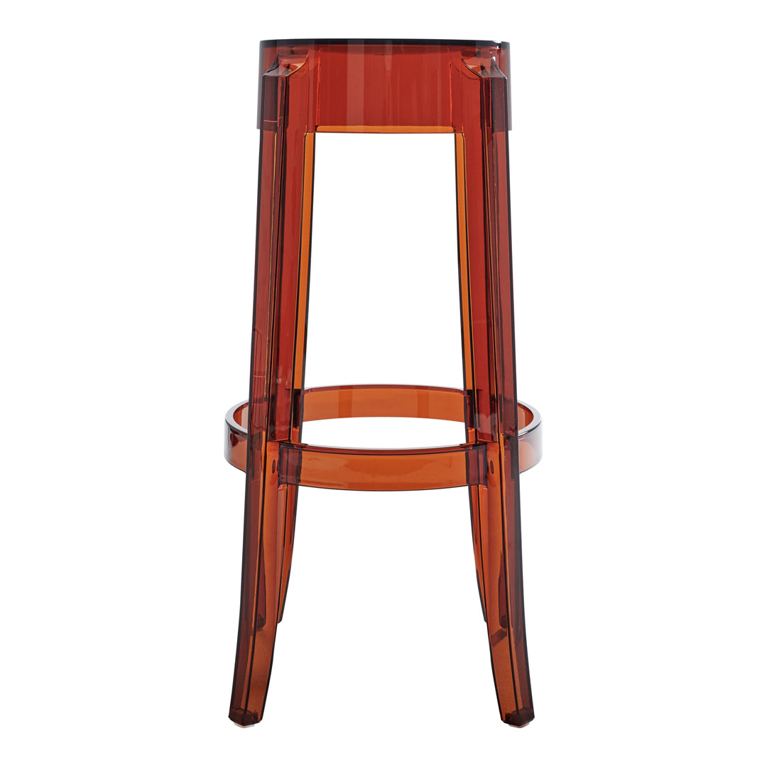 Clear amber acrylic bar stool with sleek, transparent design and modern lines. Ideal for stylish interiors.
