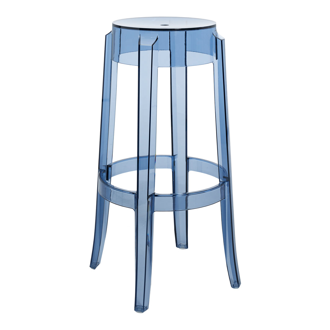 Transparent blue acrylic stool with a sleek, modern design and smooth, minimalist lines. Ideal for contemporary decor.