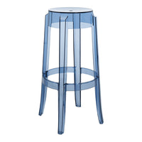 Transparent blue acrylic stool with a sleek, modern design and smooth, minimalist lines. Ideal for contemporary decor.