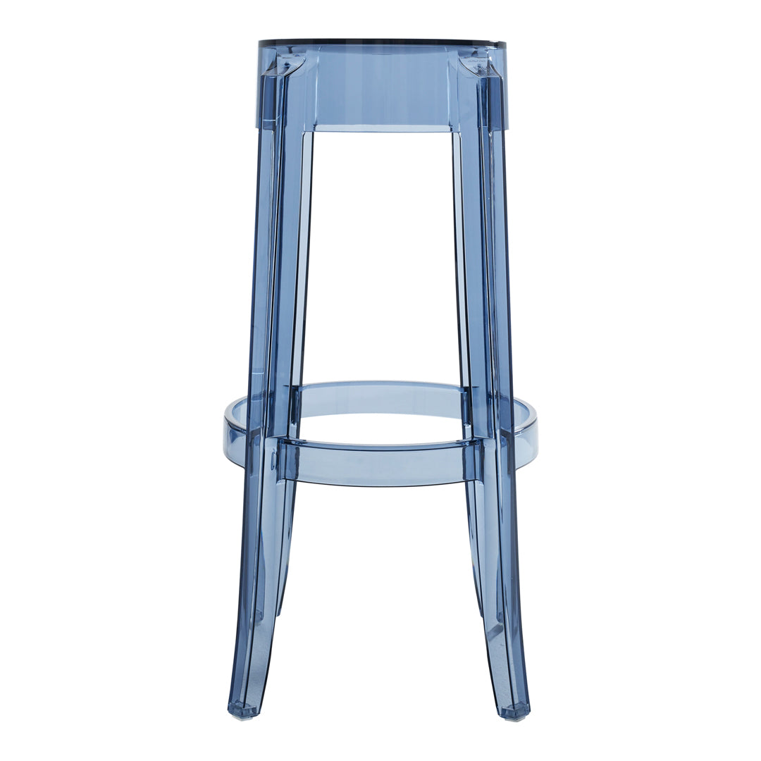 "Transparent blue acrylic bar stool with a sleek, modern design and minimalistic pattern."