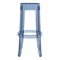 "Transparent blue acrylic bar stool with a sleek, modern design and minimalistic pattern."