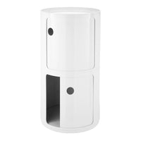 White cylindrical storage unit with smooth surfaces and minimalist design, featuring a solid pattern and round cutouts.