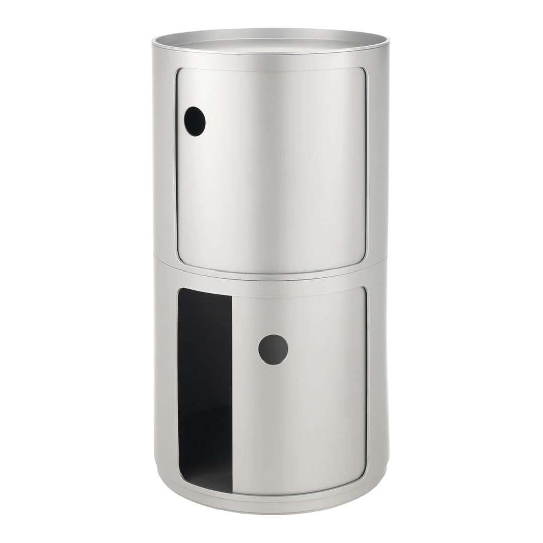 Sleek silver cylindrical design with matte finish and contrasting black accents. Modern minimalist style.