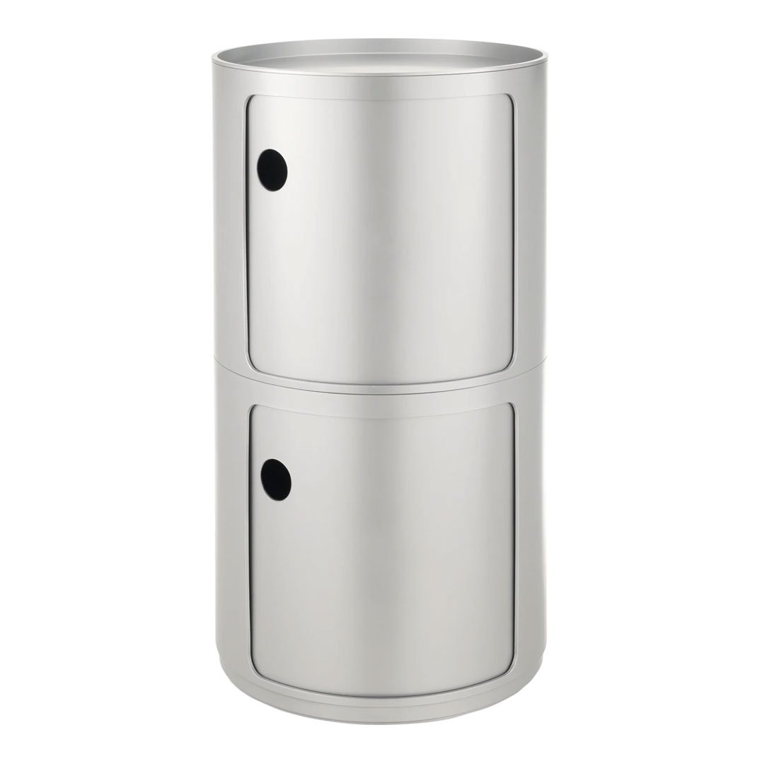 Sleek silver cylindrical storage unit with smooth finish and minimalist design, featuring two compartments.