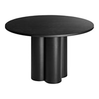 Round black table with a smooth surface and cylindrical legs, featuring a sleek, modern design.