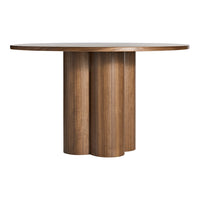 Round wooden table with a natural wood finish and textured, curved pedestal base. Perfect for modern dining spaces.