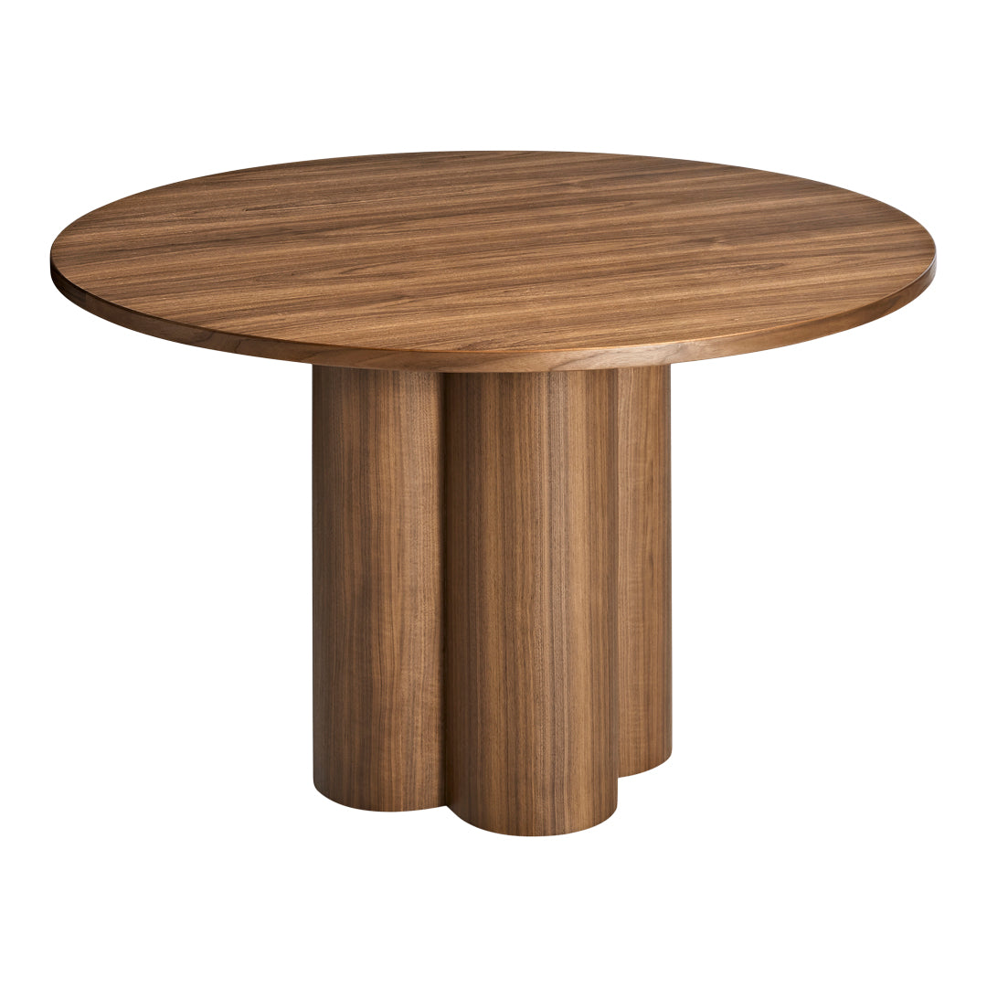 Round wooden table featuring a warm brown finish and a sleek, minimalist design with cylindrical legs.