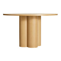 Round wooden table in light beige with a smooth finish and cylindrical base design. Ideal for modern décor.