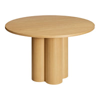 Round wooden table in light beige with a smooth finish and three cylindrical legs. Modern, minimalist design.