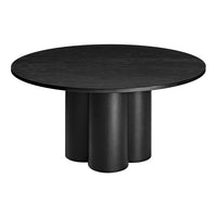 Stylish black round table with a smooth surface and unique cylindrical base. Ideal for modern home decor.