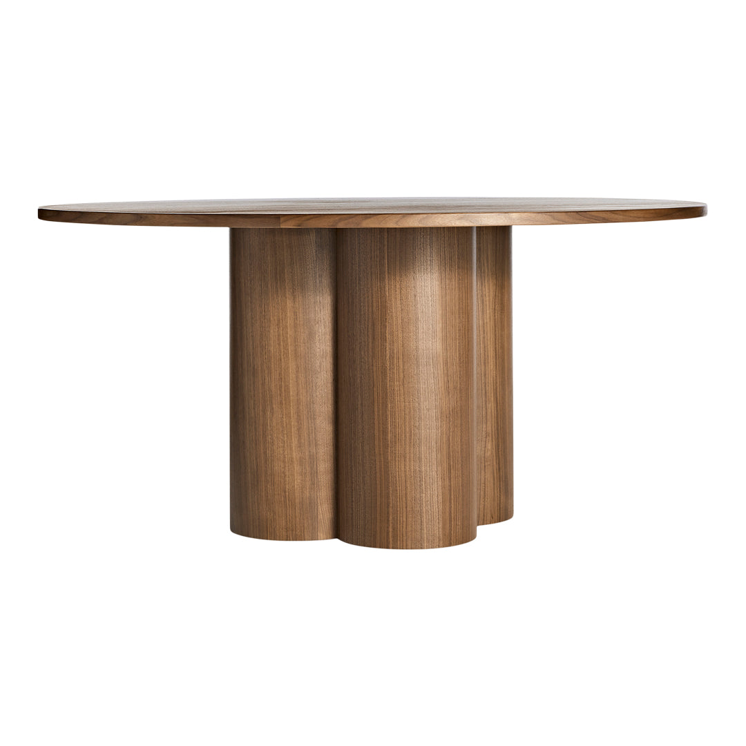 Round wooden table in a warm oak finish with a smooth, minimalist design and unique cylindrical base.
