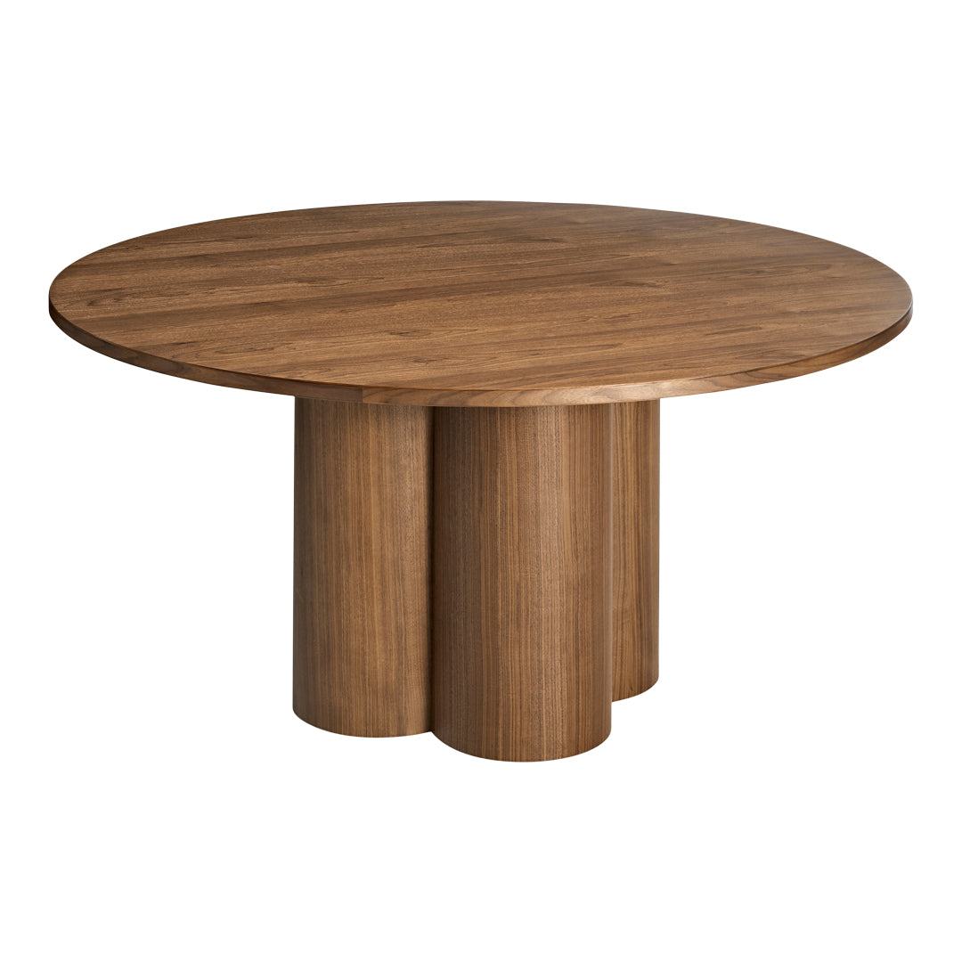 Round wooden dining table with a rich walnut finish and smooth surface, featuring three cylindrical legs.