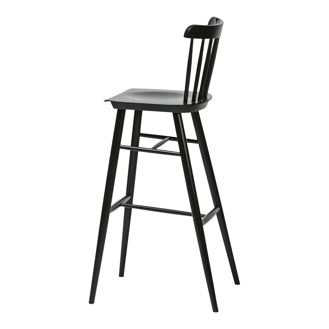 Black wooden bar stool with a simple, sleek design and vertical slat backrest. Modern and minimalistic style.