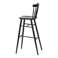 Black wooden bar stool with a simple, sleek design and vertical slat backrest. Modern and minimalistic style.