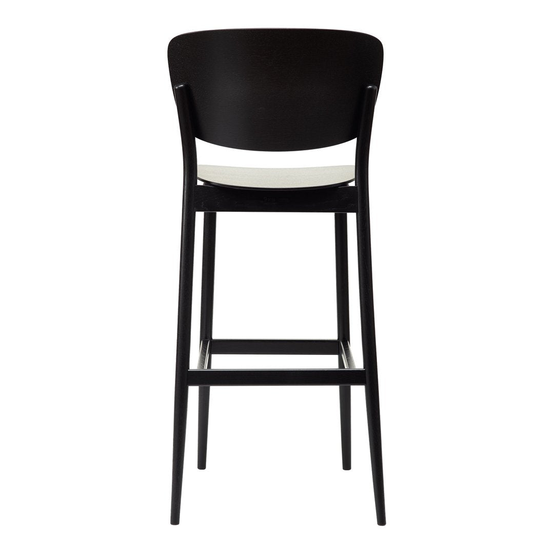 "Black wooden bar stool with a sleek white seat, featuring a minimalist design and smooth finish."