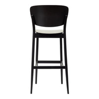 "Black wooden bar stool with a sleek white seat, featuring a minimalist design and smooth finish."
