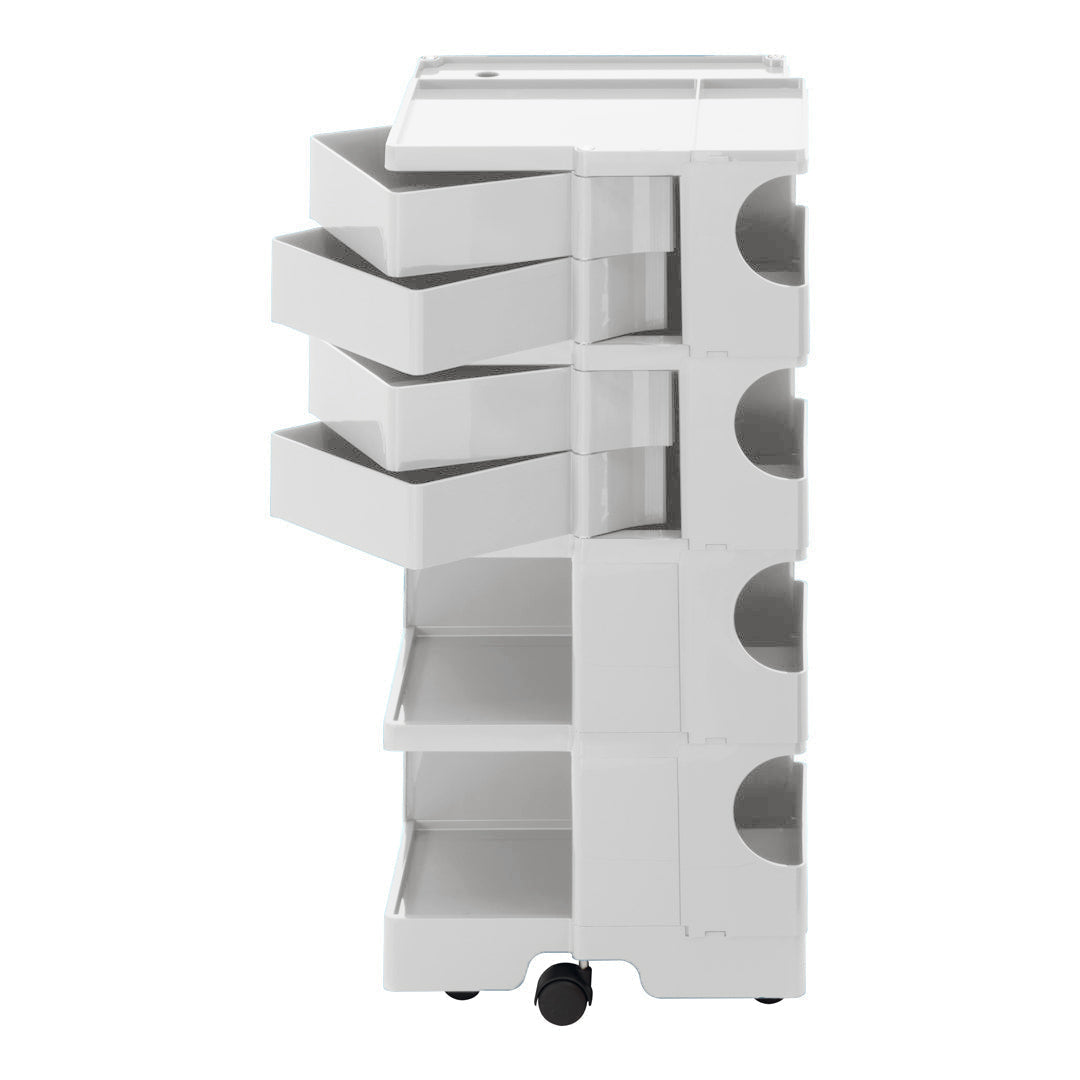 White multi-drawer storage cart with smooth surface and minimalist design, featuring open circular handles.