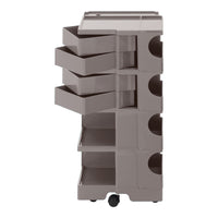Gray storage cart with smooth, glossy finish and four spacious drawers, ideal for organizing any space.