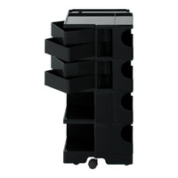 Black modular storage cart with multiple open drawers and a sleek design, perfect for organized spaces.