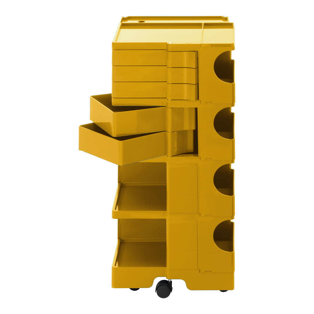 Bright yellow storage cart with multiple drawers and compartments, featuring a sleek, modern design.