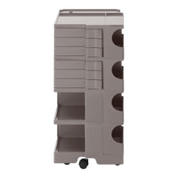 Gray storage cart with multiple drawers and cut-out handles, featuring a sleek and modern design.