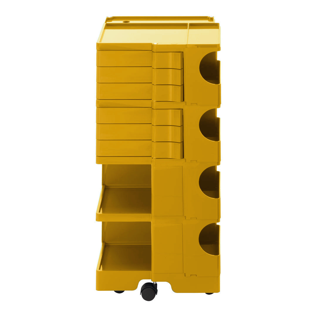 Yellow storage cart with multiple drawers and circular handles, featuring a sleek, modern design and smooth finish.