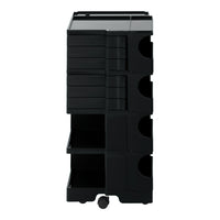Black storage unit with smooth surfaces and round cutout handles, featuring a sleek and modern design.