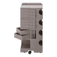 Gray multi-drawer storage cart with smooth surfaces and a sleek, modern design. Ideal for organization!