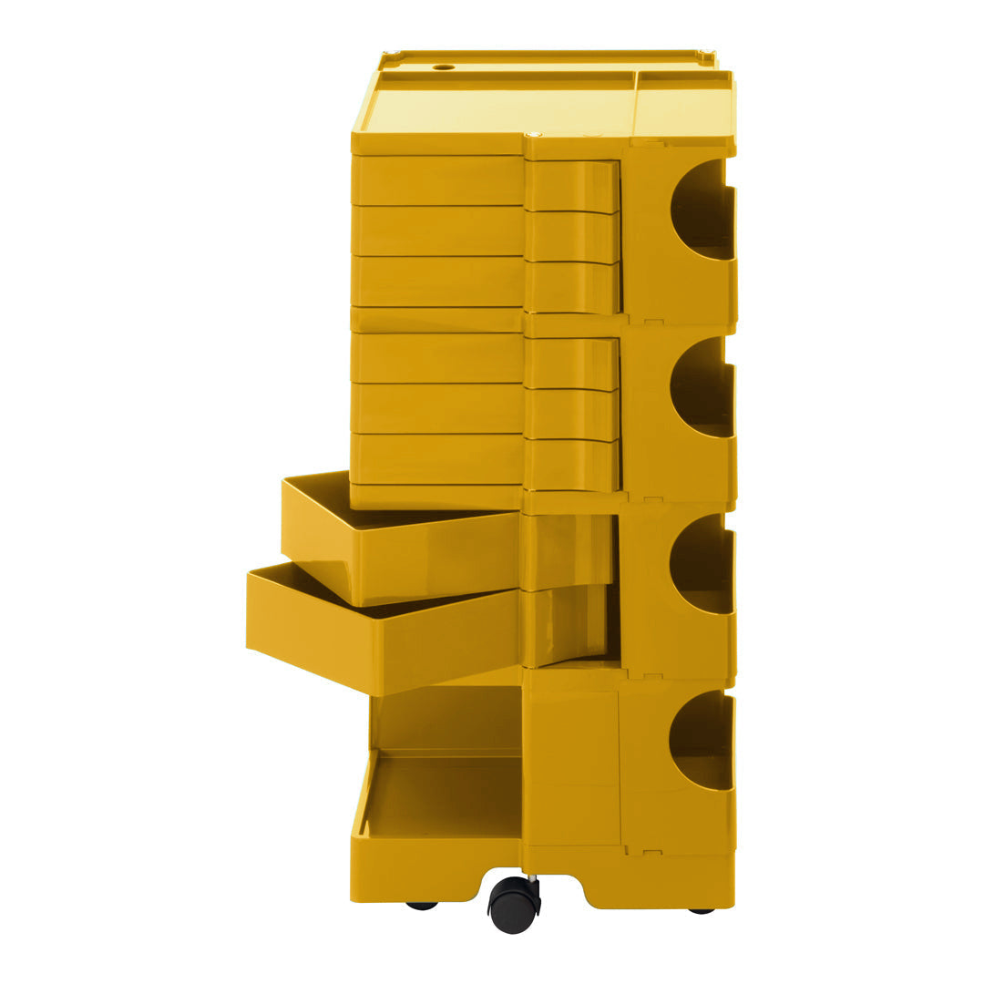 Yellow storage cart with multiple glossy drawers and a sleek design, perfect for organizing any space.