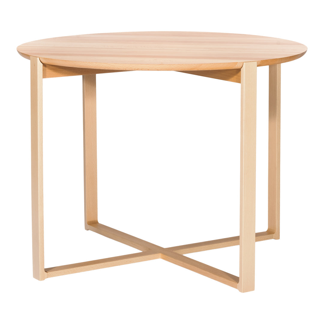 Natural wood circular table with a light beige finish and minimalistic, clean lines. Perfect for modern decor.