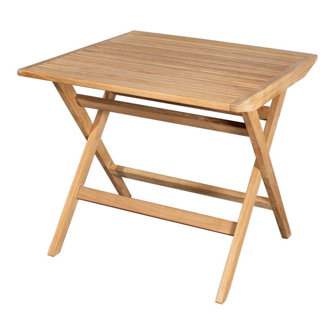 Light brown wooden folding table with a smooth, slatted surface and stylish minimalist design. Perfect for outdoor use.