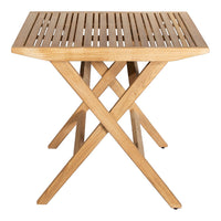 Natural wood table in light oak color with slatted top and crossed leg design. Perfect for outdoor or indoor use.