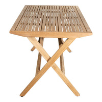 Natural wood dining table with a slatted top and a light brown finish, featuring a sturdy X-shaped base.