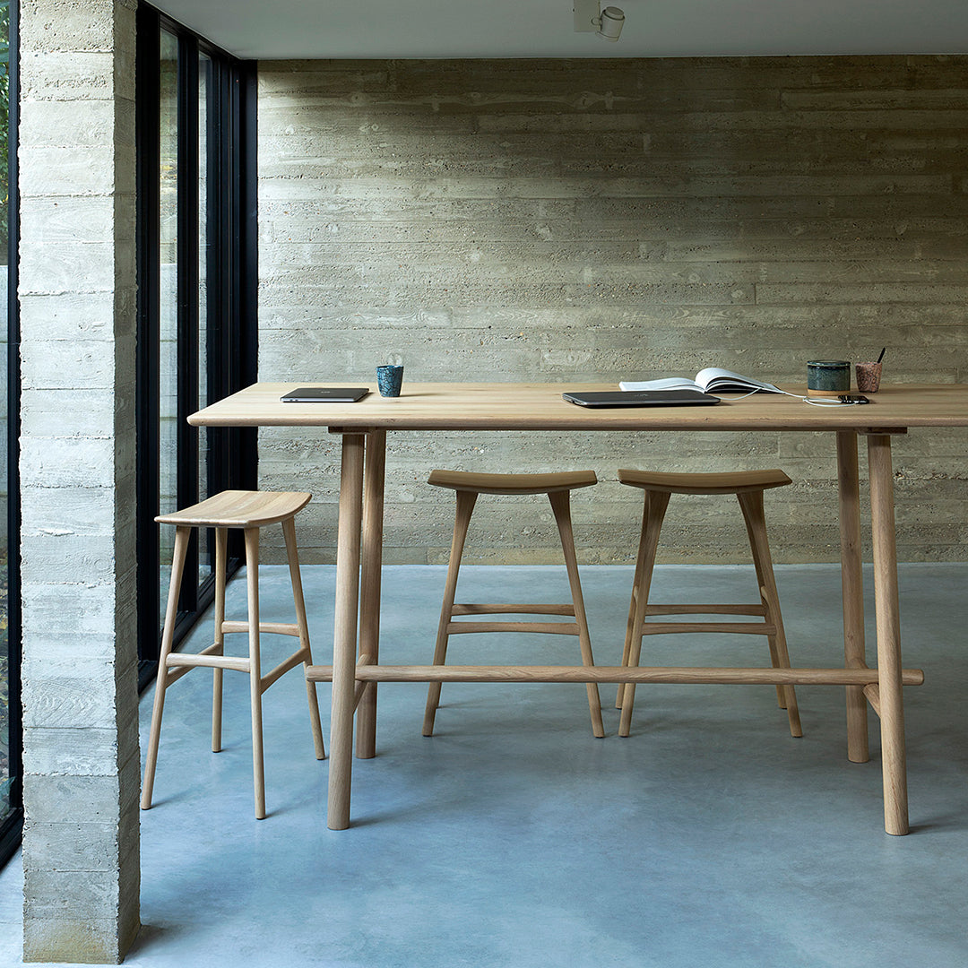 Natural wood bar table and stools with a soft beige wall, against a smooth gray floor, creating a minimalist aesthetic.