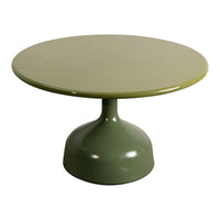 Round olive green table with a smooth, glossy finish and a modern pedestal base. Perfect for contemporary decor.