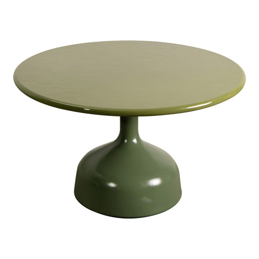 "Round olive green table with a sleek pedestal base and a glossy finish, perfect for modern decor."