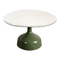 Round white tabletop with a sleek, green pedestal base, featuring a minimalist design and smooth finish.