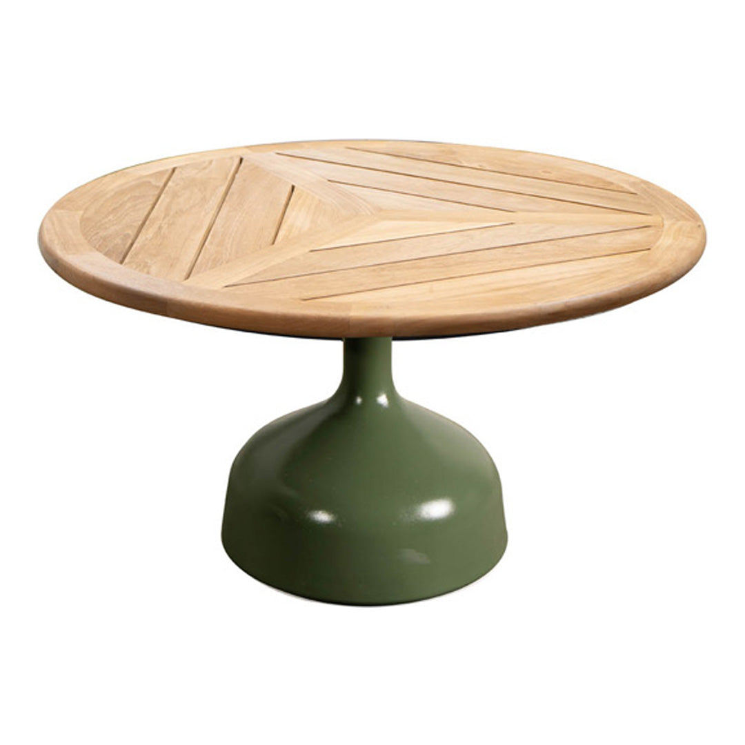 Round coffee table with a natural wood top featuring a diagonal pattern and a solid green base.