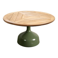 Round coffee table with a natural wood top featuring a diagonal pattern and a solid green base.
