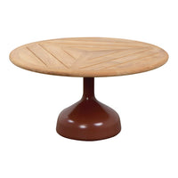 Round wooden coffee table with a natural wood finish and a brown pedestal base featuring a chevron pattern design.