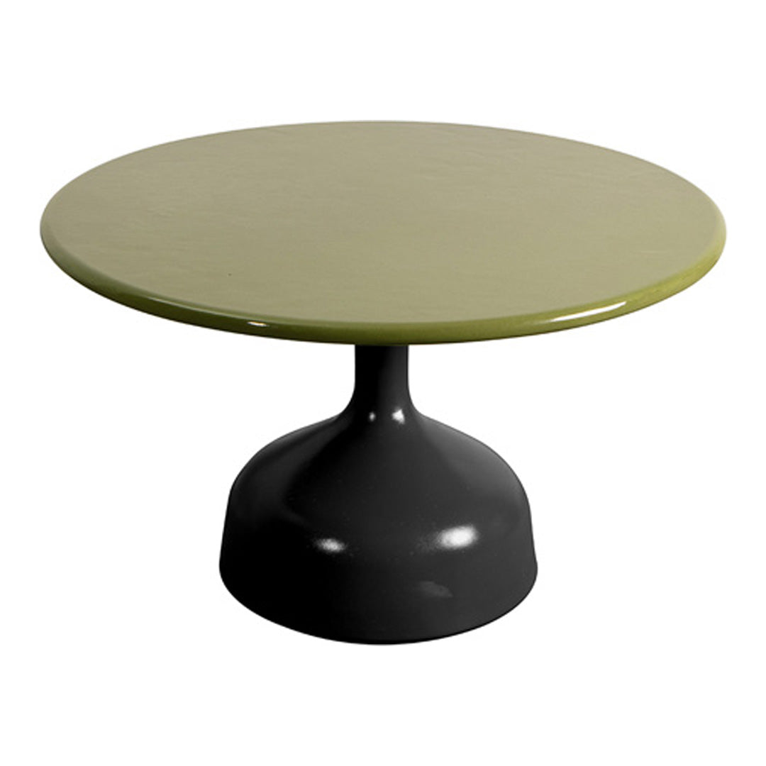 Round dining table featuring a glossy olive green top and a sleek black pedestal base. Perfect for modern decor.
